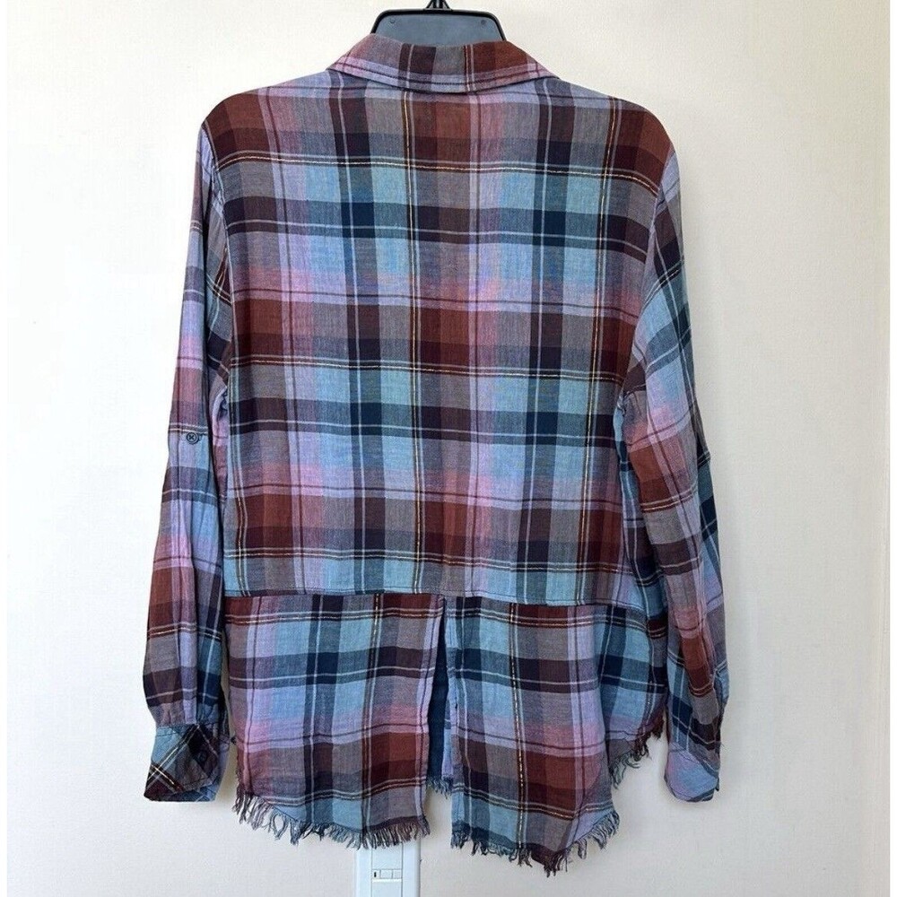 Beach Lunch Lounge Shirt Womens Large Plaid Long Sleeve Fringe Back Slit Grunge